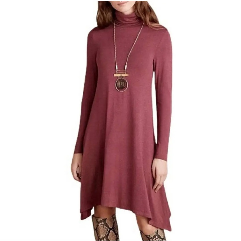 Maeve medium Asymmetric Turtleneck Dress Jersey Knit Burgundy Red M Anthr…